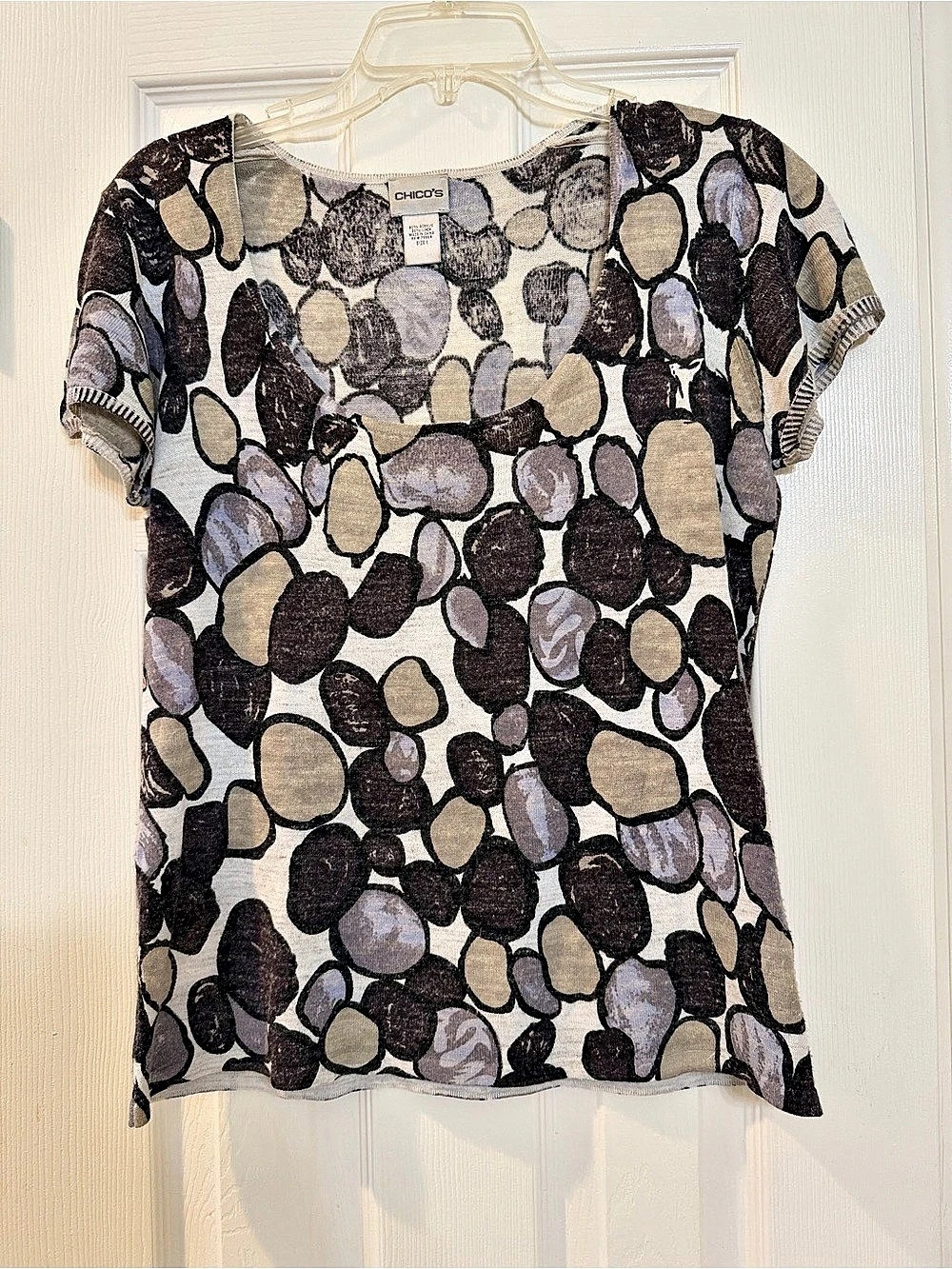 Chico's Printed Sweater Trim Linen Tee Gray & Black